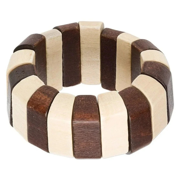 Y2K Vintage Sustainable Brown Natural Tones Chunky Wood Stretch Bangle Bracelet - Picture 1 of 1